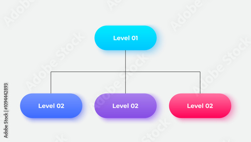Business hierarchy chart infographics. Corporate organizational structure graphic elements with 2 levels. The top-level connects to three subordinate nodes