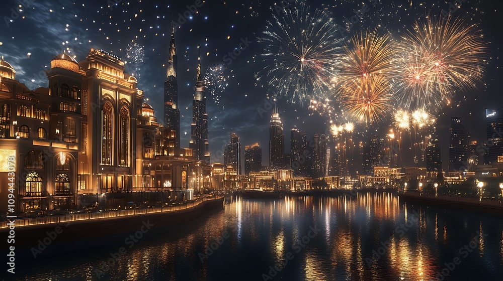 Fireworks lighting up the sky above a sparkling city skyline, gold and silver bursts framing the luxurious buildings below, the night bathed in soft reflections, the warm glow of city lights beneath Fireworks lighting up the sky above a sparkling city skyline, gold and silver bursts framing the luxurious buildings below, the night bathed in soft reflections, the warm glow of city lights beneath