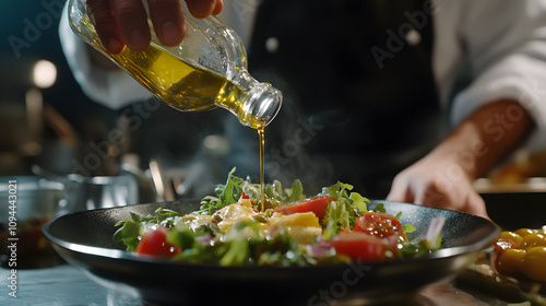 A chef flamboyantly drizzling olive oil over a gourmet salad. photo