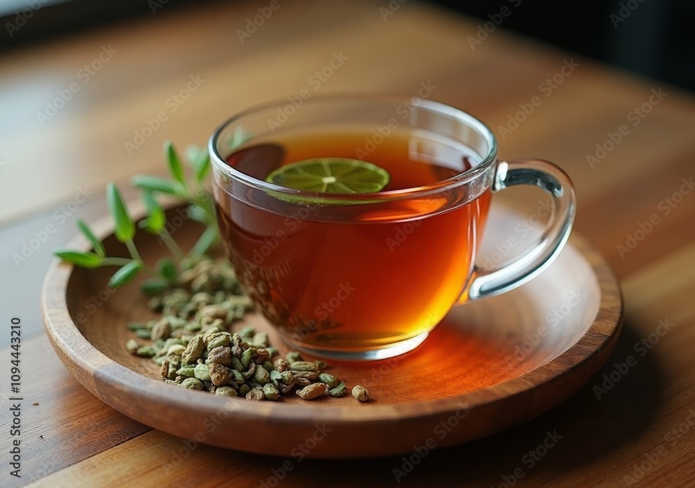 Warm herbal tea with lime served on a wooden tray alongside fresh spices Warm herbal tea with lime served on a wooden tray alongside fresh spices