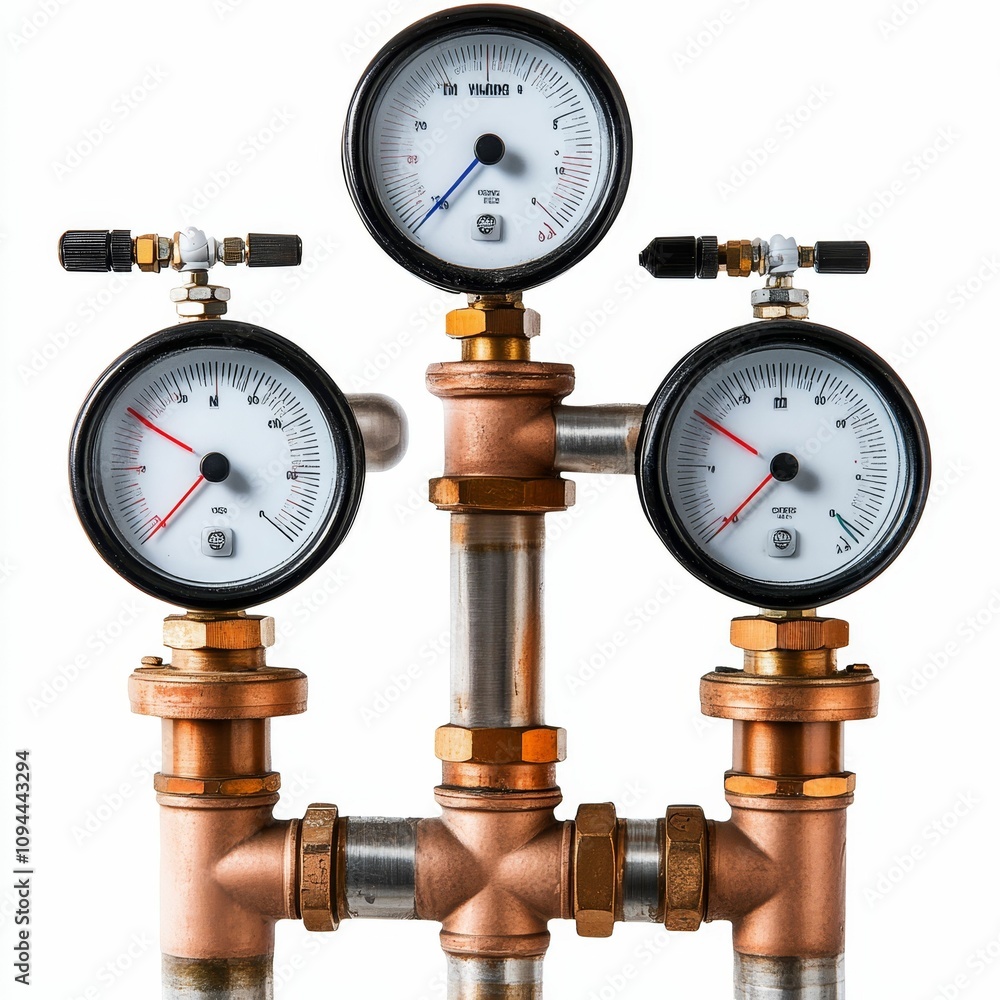 Three gauges, copper pipes, pressure system. Three gauges, copper pipes, pressure system.