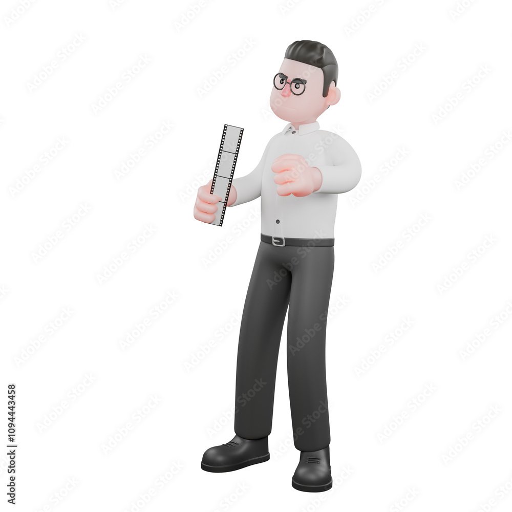 3D Producer Design. A male producer stands with his right hand holding a film photo with his left hand clenched. Studio Style 3D Producer Design. A male producer stands with his right hand holding a film photo with his left hand clenched. Studio Style