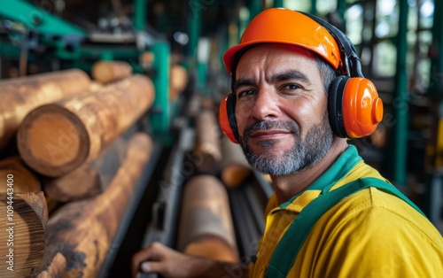 Dedicated Lumber Mill Worker in a Busy Woodworking Environment photo