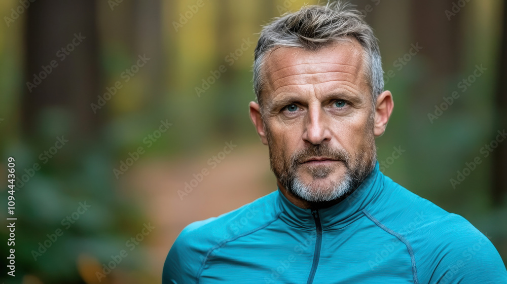 Wellness health and Natural remedies Concept, A focused middle-aged man in a teal jacket stands in a forest, exuding confidence and determination amidst nature's tranquility. Wellness health and Natural remedies Concept, A focused middle-aged man in a teal jacket stands in a forest, exuding confidence and determination amidst nature's tranquility.