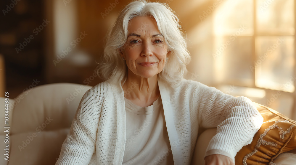 older woman sitting on sofa, sunlight from window, generative ai older woman sitting on sofa, sunlight from window, generative ai