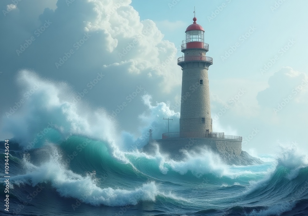 Lighthouse standing tall against crashing waves under dramatic clouds Lighthouse standing tall against crashing waves under dramatic clouds