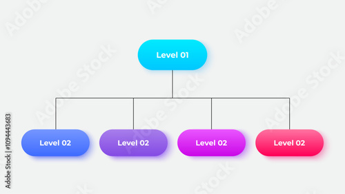 Business hierarchy chart infographics. Corporate organizational structure graphic elements with 2 levels. The top-level connects to four subordinate nodes