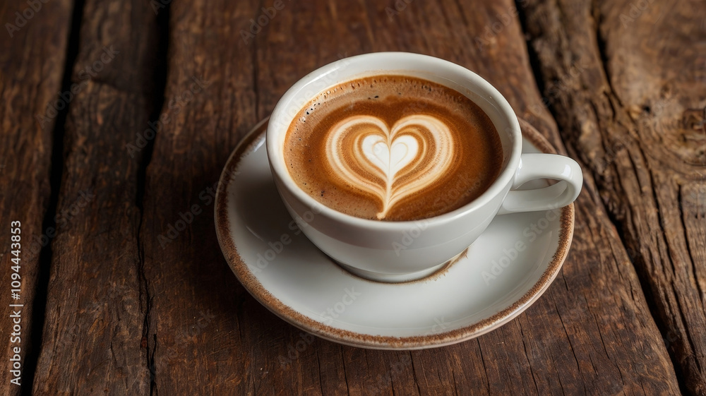 Coffee cup with heart shape latte art on wooden background Coffee cup with heart shape latte art on wooden background