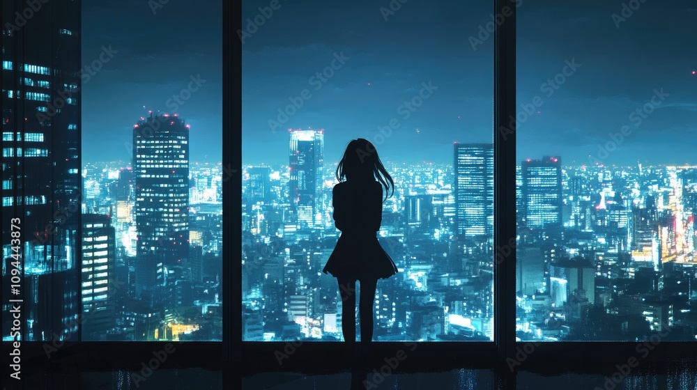 Fototapeta premium A silhouette of a young woman gazing at a dazzling city skyline at night.