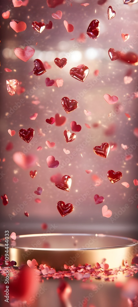 Obraz premium A dreamy glass podium with soft golden and pink light accents, surrounded by floating rose petals and heart-shaped confetti, offering an open space to display a Valentine is gift.