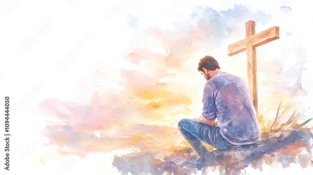 Christian man praying in front of a cross in a watercolor style Digital watercolor painting cute soft watercolor painting on white backgorund with copy space jesus, pray, spirituality, hope, passion,