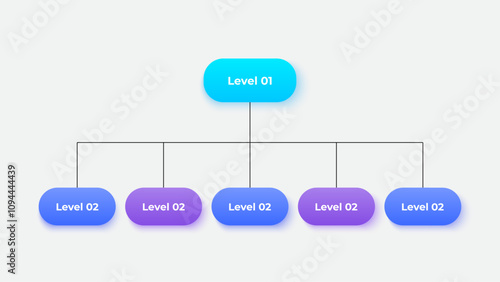 Business hierarchy chart infographics. Corporate organizational structure graphic elements with 2 levels. The top-level connects to five subordinate nodes