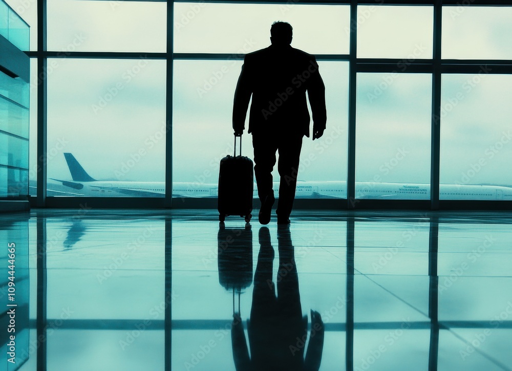 Silhouette of a businessman walking with luggage at the airport terminal. Silhouette of a businessman walking with luggage at the airport terminal.