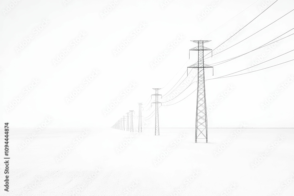 Power lines stretch across snowy, desolate landscape. Power lines stretch across snowy, desolate landscape.