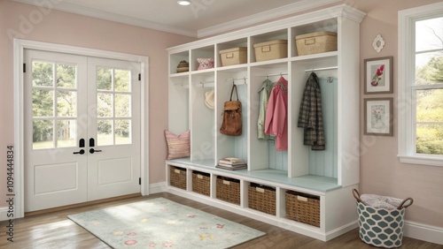 Stylish mudroom with organized storage and natural light