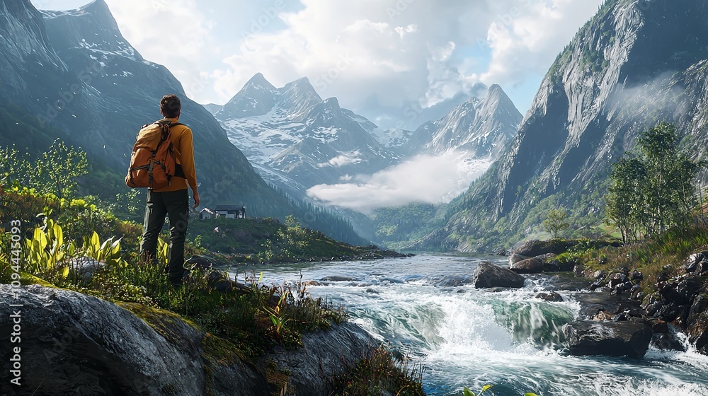 The Photographer Stands on a Bluff Along a Rushing River The Photographer Stands on a Bluff Along a Rushing River
