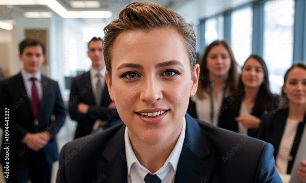 A close-up of a trans professional confidently presenting in a modern office wearing formal attire A close-up of a trans professional confidently presenting in a modern office wearing formal attire