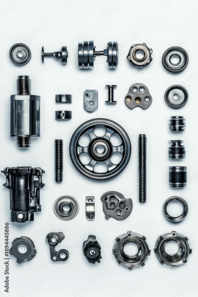 Assorted metallic machine parts arranged neatly.