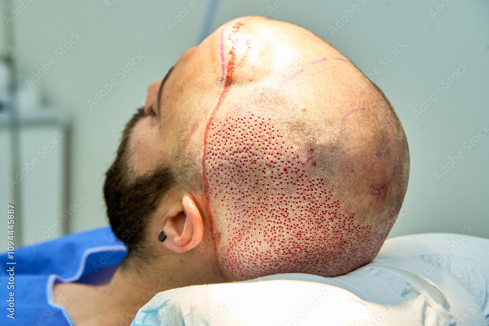 Naklejka premium Close-up of patient's scalp after hair transplant procedure showing grafts