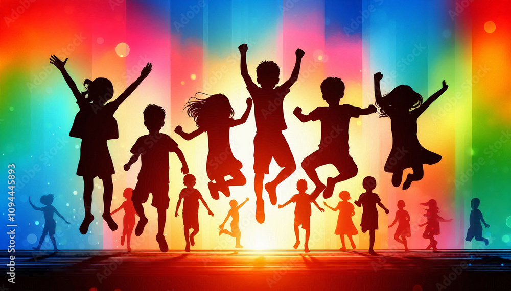 Silhouetted children jumping with colorful light background Silhouetted children jumping with colorful light background