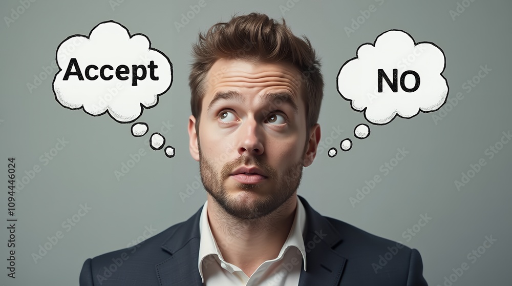 Businessman Contemplating Decision-Making Options with Symbols Representing Right and Wrong Choices in a Crisis Situation Businessman Contemplating Decision-Making Options with Symbols Representing Right and Wrong Choices in a Crisis Situation
