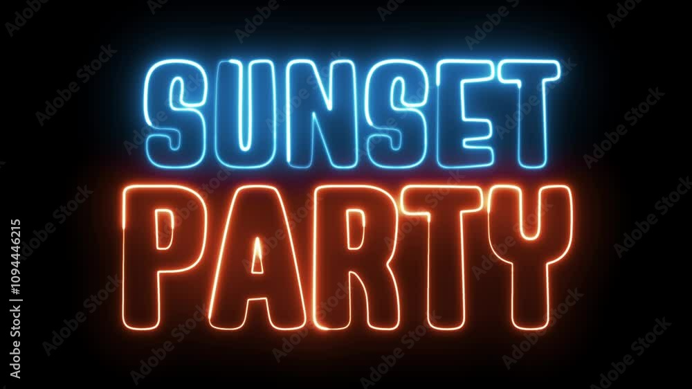 Sunset Party neon sign. Sunset Party text font with neon light. Luminous and shimmering haze inside the letters of the text Sunset Party. Sunset Party neon sign. Sunset Party text font with neon light. Luminous and shimmering haze inside the letters of the text Sunset Party.