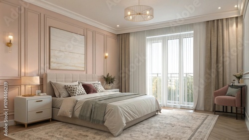 Elegant modern bedroom with soft pastel tones