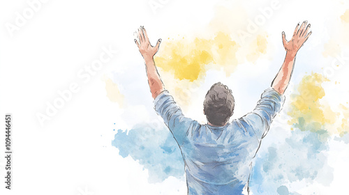 Artwork of a man raising hands in worship cute soft watercolor painting on white backgorund with copy space jesus, pray, spirituality, hope, passion, spiritual, believe, holy, belief, devotion, photo