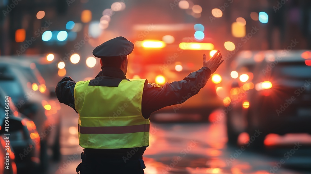 Naklejka premium Police Officer Directing Traffic on a Busy City Street at Night. AI Generated