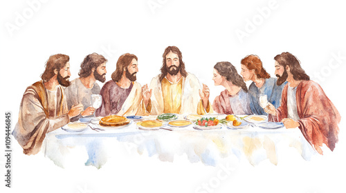 The Last Supper Jesus Maundy Holy Thursday New Testament Watercolor Biblical Illustration cute soft watercolor painting on white backgorund with copy space jesus, pray, spirituality, hope, passion,