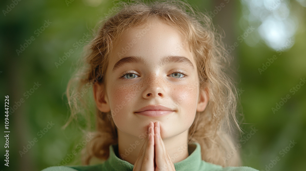 Wellness health and Natural remedies Concept, Young girl with light brown hair and freckles, smiling and clasping her hands together in a serene outdoor setting. Wellness health and Natural remedies Concept, Young girl with light brown hair and freckles, smiling and clasping her hands together in a serene outdoor setting.