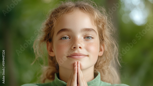 Wellness health and Natural remedies Concept, Young girl with light brown hair and freckles, smiling and clasping her hands together in a serene outdoor setting.