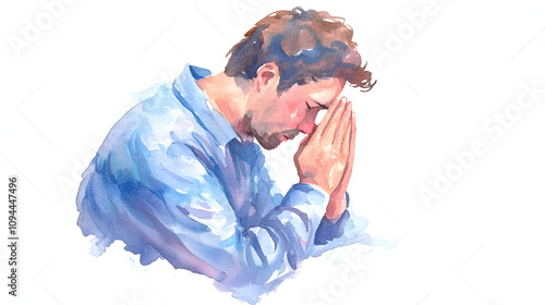 Watercolor illustration of a man praying cute soft watercolor painting on white backgorund with copy space jesus, pray, spirituality, hope, passion, spiritual, believe, holy, belief, devotion, faith, photo