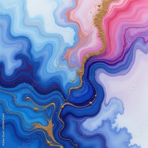 Colorful fluid art, where paints flow and mix, creating marbled patterns in tones of blue, purple, and gold