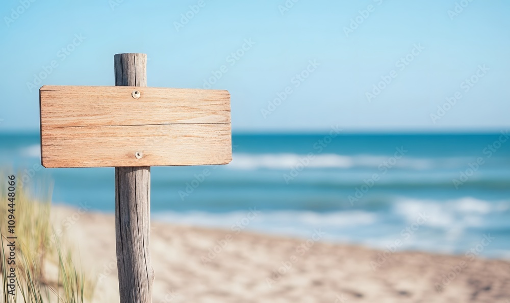 Empty wooden signpost on beautiful beach by the ocean, Generative AI Empty wooden signpost on beautiful beach by the ocean, Generative AI
