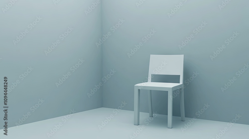 Minimalist Views of an Empty Room with a Single White Chair Against Soft Blue Walls and Floor in a Calm, Tranquil Atmosphere Minimalist Views of an Empty Room with a Single White Chair Against Soft Blue Walls and Floor in a Calm, Tranquil Atmosphere
