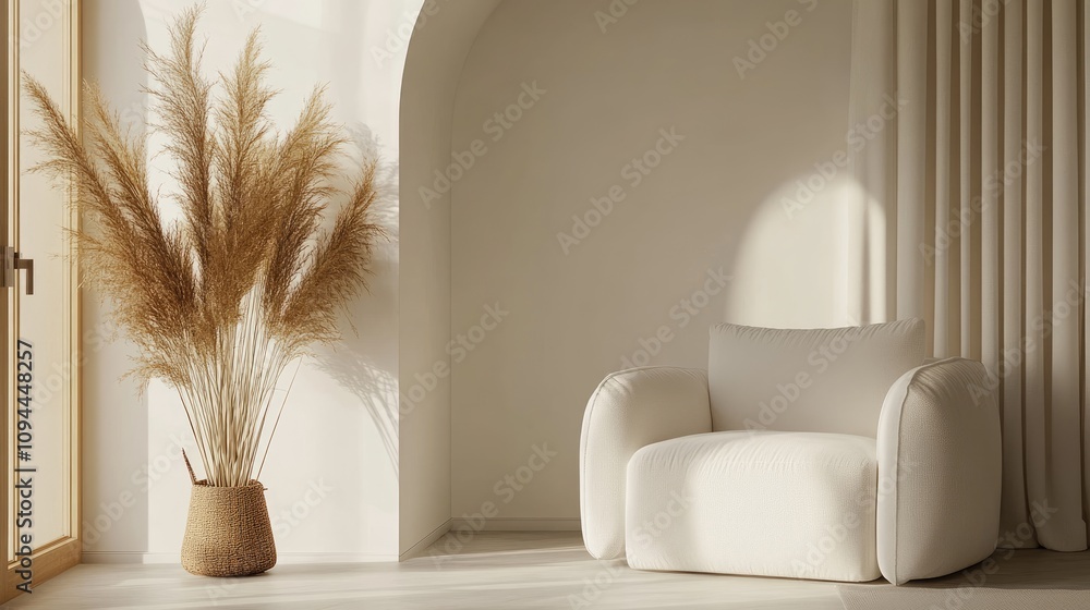 Cozy Modern Living Room with Textured Armchair, Minimalist Decor, Soft Light, and Warm Tones Featuring Pampas Grass Arrangement in Neutral Palette Cozy Modern Living Room with Textured Armchair, Minimalist Decor, Soft Light, and Warm Tones Featuring Pampas Grass Arrangement in Neutral Palette