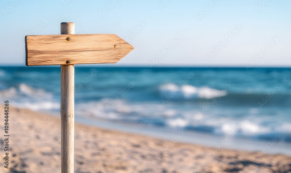 Empty wooden signpost on beautiful beach by the ocean, Generative AI Empty wooden signpost on beautiful beach by the ocean, Generative AI