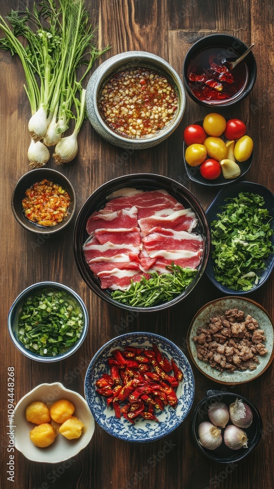 Brightly colored ingredients are arranged on a wooden table for a traditional Chinese hot pot meal Brightly colored ingredients are arranged on a wooden table for a traditional Chinese hot pot meal