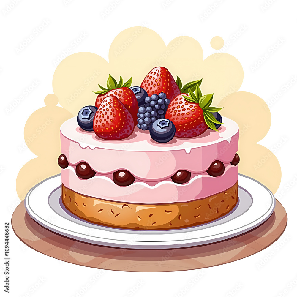 Illustration of a layered cake topped with fresh berries, including strawberries, blueberries and raspberries on a dipping layer of pink cream, on a white dish with a transparent background. Illustration of a layered cake topped with fresh berries, including strawberries, blueberries and raspberries on a dipping layer of pink cream, on a white dish with a transparent background.