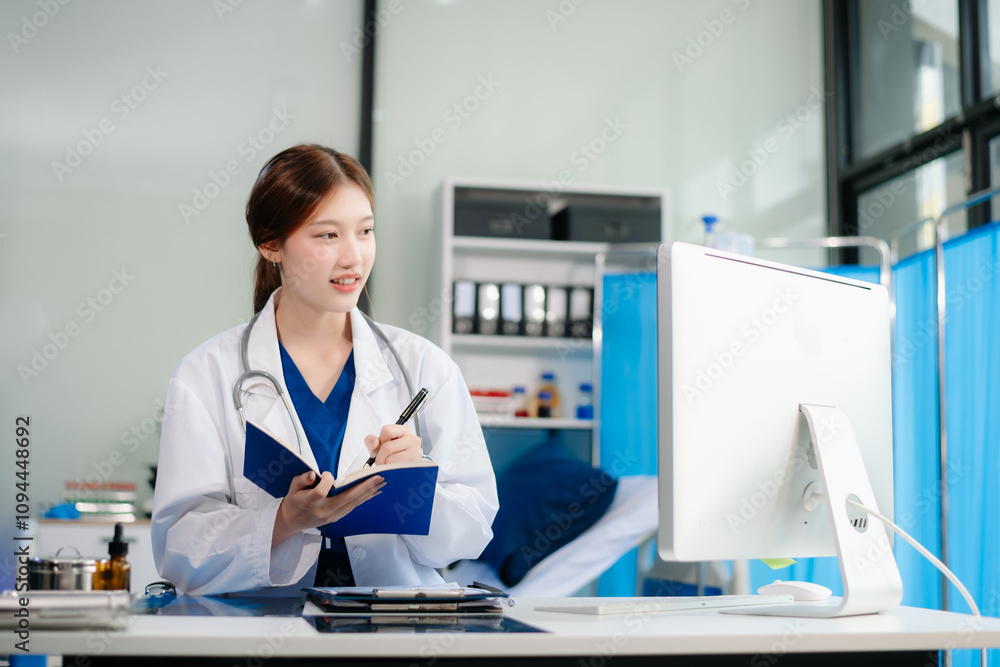 Confident healthcare professional in a hospital setting, analyzing patient data on a laptop Confident healthcare professional in a hospital setting, analyzing patient data on a laptop