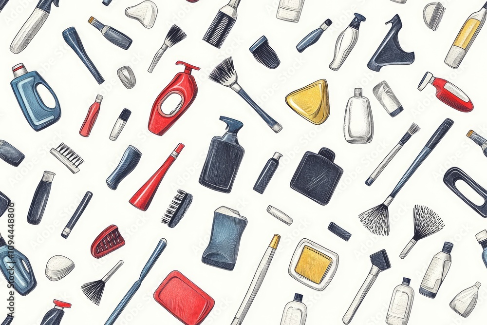 A pattern of various cleaning tools and supplies illustrated on a light background. A pattern of various cleaning tools and supplies illustrated on a light background.