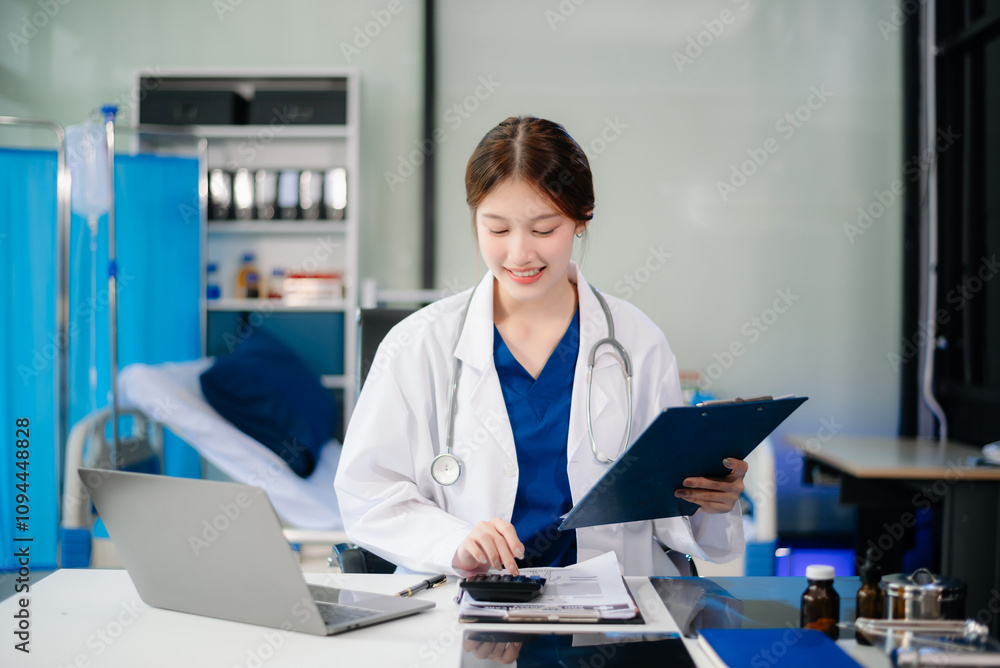 Confident healthcare professional in a hospital setting, analyzing patient data on a laptop Confident healthcare professional in a hospital setting, analyzing patient data on a laptop