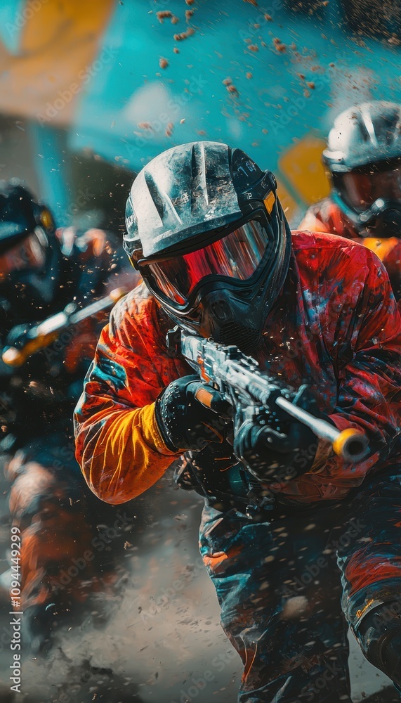 Obraz premium Dynamic Paintball Action in Charity Event with Vibrant Gear and Team Spirit