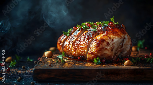 A golden brown roasted chicken breast, sliced and garnished with herbs, rests on a wooden board, exuding a savory aroma.