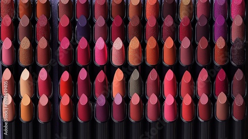 A vibrant display of assorted lipstick shades in various colors arranged neatly. photo