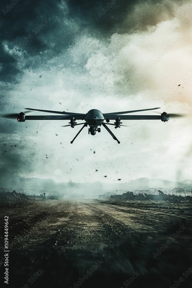 Drone flies over war-torn landscape, ominous sky. Drone flies over war-torn landscape, ominous sky.