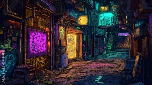 Neon-lit Cyberpunk Alleyway, Urban Decay Scene