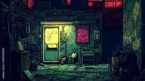 Pixel Art Back Alley: Green and Pink in the Night