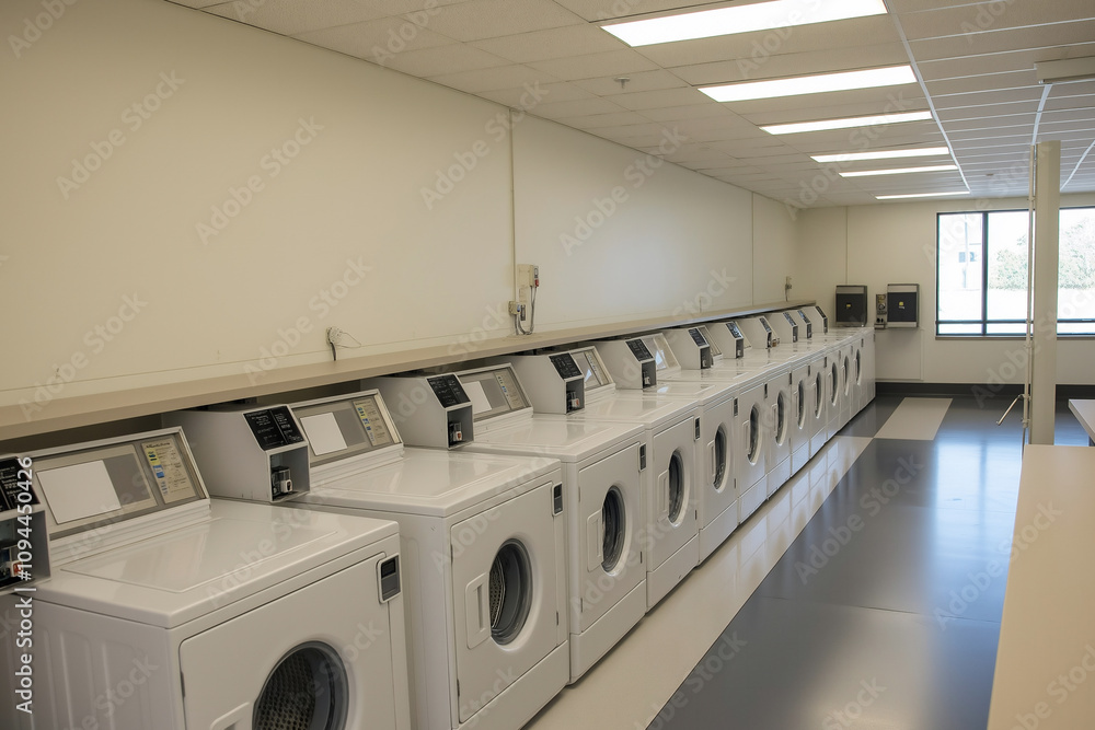 Laundry facility with multiple washing machines and dryers in a bright space. Generative AI Laundry facility with multiple washing machines and dryers in a bright space. Generative AI